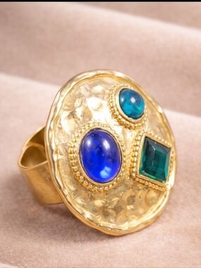 1980s Artisan Multi Stone Earrings Gold Tone Blue Green Cabochon Handmade